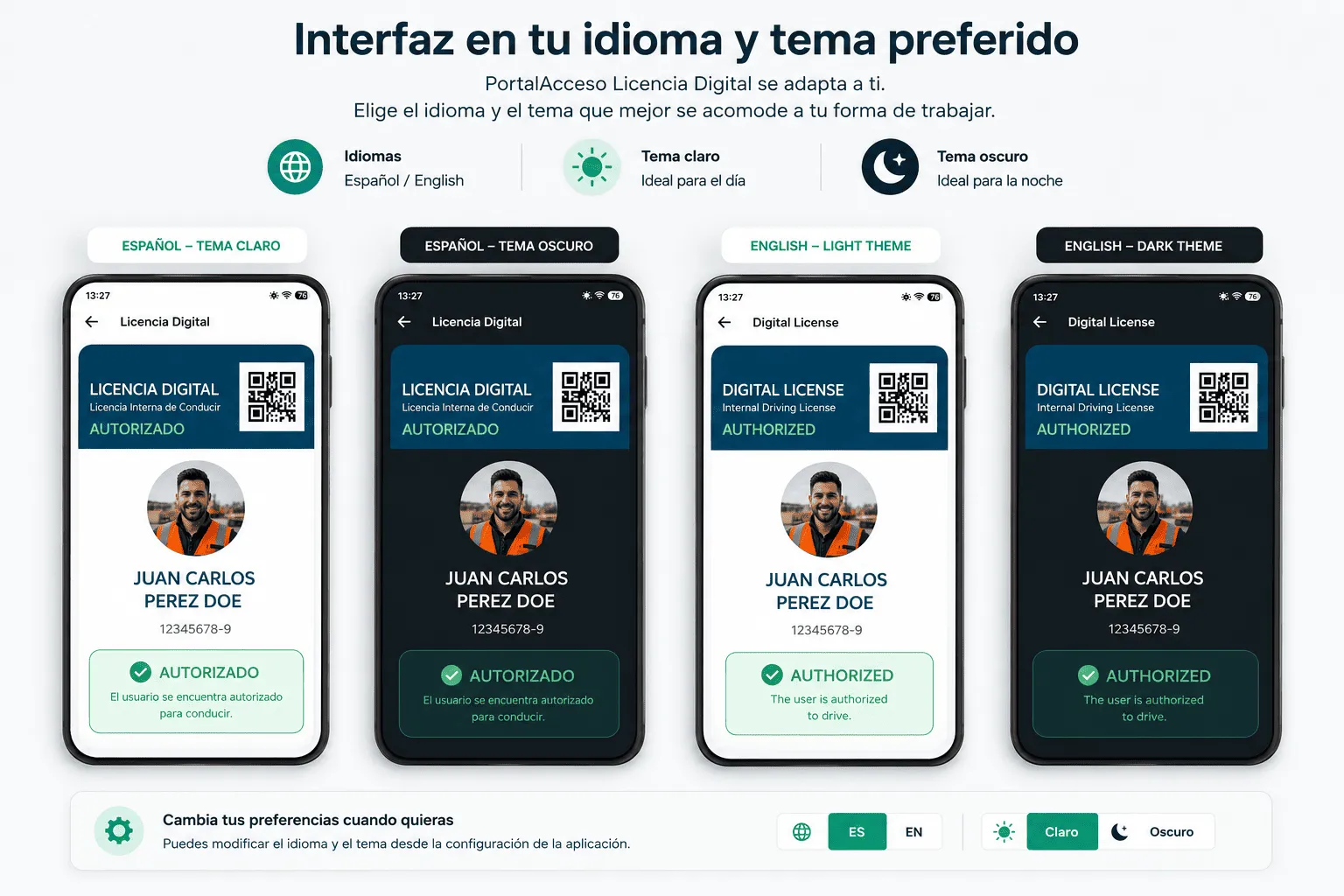 Portal Acceso Licencia Digital en Español, Inglés, tema claro y oscuro