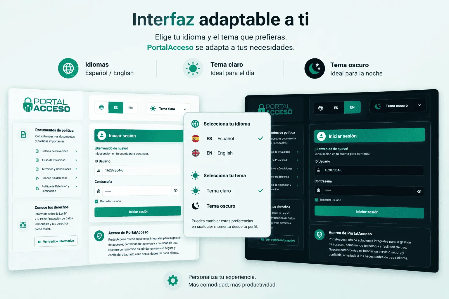 Portal Acceso con temas claro y oscuro e idiomas Español e Inglés